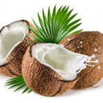 Coconuts with milk splash and leaf on white background