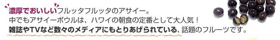 濃厚でおいしいフルッタフルッタのアサイー。中でもアサイーボウルは、ハワイの朝食の定番として大人気！雑誌やＴＶなど数々のメディアにもとりあげられている、話題のフルーツです。